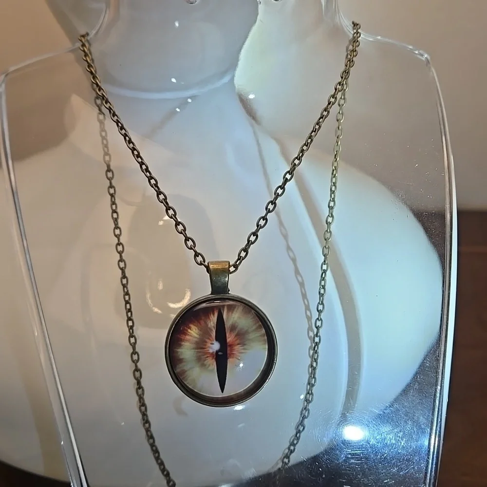 Unisex Longan Cabochon Glass Cats Eye Bronze Chain Pendant Necklace